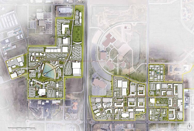 Godrej Raipur Plots master plan layout showing ~750 residential plots with wide internal roads and green spaces