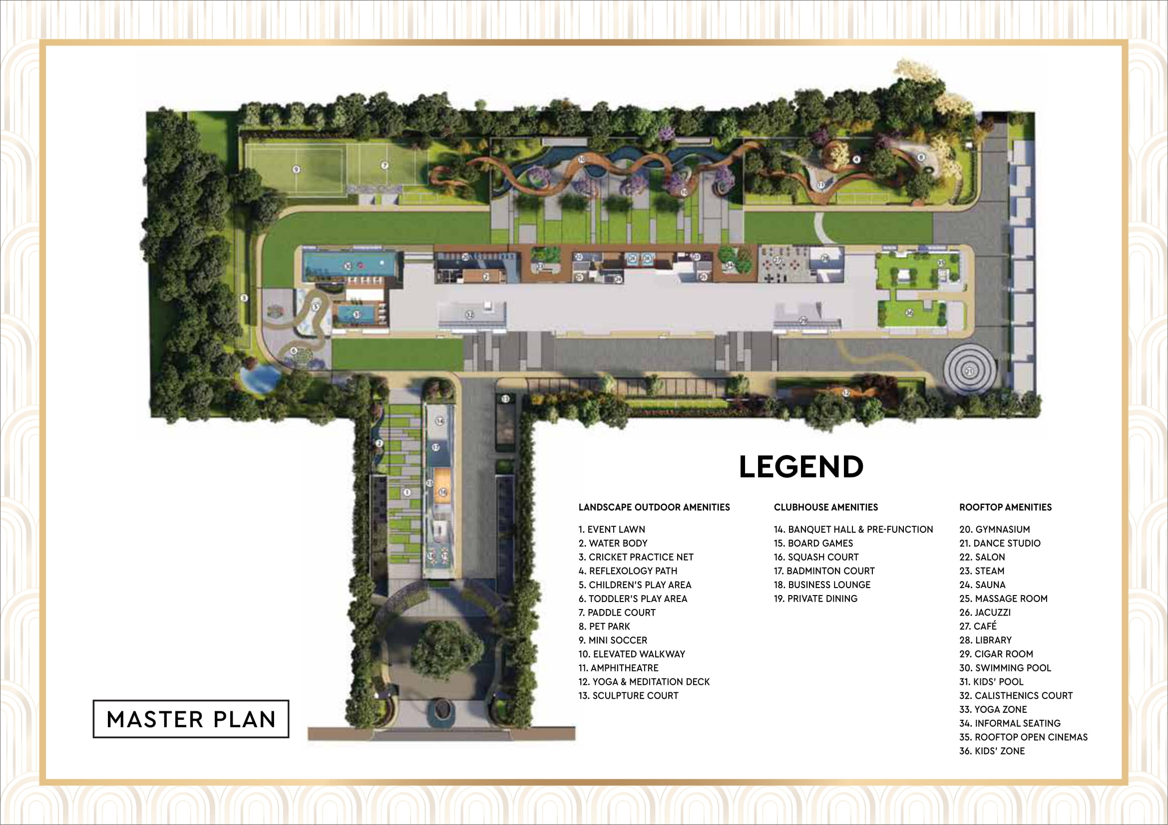 Godrej Tiara master plan layout showing 3 towers with over 70% open spaces and landscaped gardens